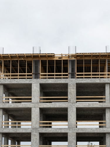 Straight-on architectural elevation of a modern concrete and steel residential structure under construction, exposed framing, overcast sky, sharp technical focus, 35mm