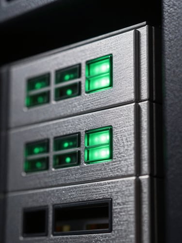 Macro close-up of a server rack with green status lights reflecting off brushed metal surfaces, sharp architectural angles, high contrast.