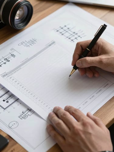 Close-up of hands reviewing a physical financial ledger and engineering blueprints on a wooden table, natural high-contrast lighting