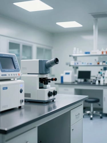 A clean, high-contrast interior of a modern clinical laboratory facility, sharp architectural lighting, steel counters, medical equipment in soft focus background.