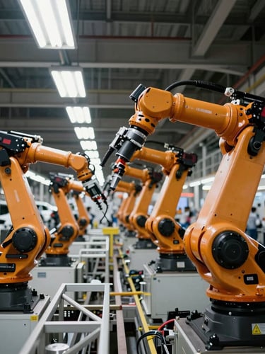 Wide environmental shot of an active automotive assembly line, robotic arms in motion, high-contrast industrial lighting, dramatic scale.