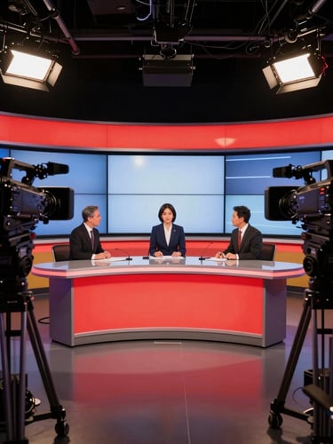 A dramatic newsroom backdrop with professional broadcast cameras, glowing screens, and a news anchor desk in high-contrast red and gold lighting, wide-angle 35mm photojournalism.