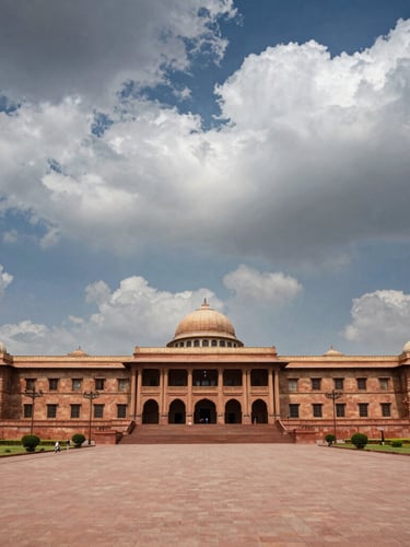 Dramatic wide environmental shot of the Indian Parliament House in New Delhi under dynamic cloudy sky, high-contrast photojournalism, harsh daylight.