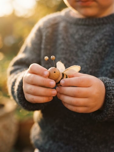 Warm editorial photography of a child's hands carefully holding a small wooden bee toy, golden-hour natural light, rich honey tones, shallow depth of field