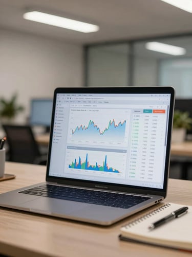 Medium shot of a laptop screen showing a financial dashboard with charts and data tables, on a tidy desk with a notebook beside it, clean office fluorescent light, no people visible