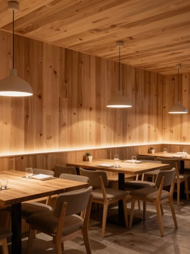 A cozy Scandinavian-style restaurant dining room at dusk, warm low-temperature architectural lighting highlighting clean timber paneling, no visible fixtures.