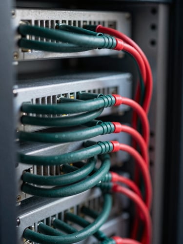 An extreme close-up, macro photo of a pristine, perfectly organized low-voltage server rack, bundle of dark green and red wires tied neatly with zero clutter, soft side lighting highlighting the clean routing.