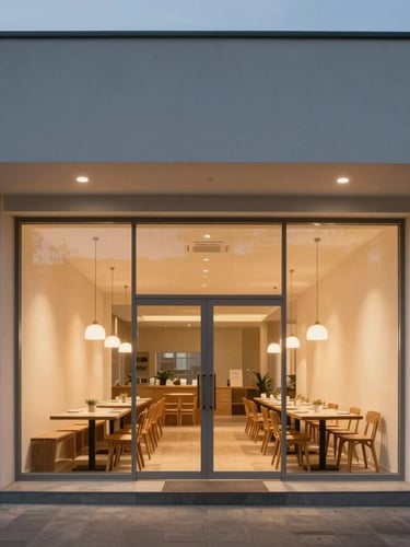 A wide architectural elevation of a minimalist Scandinavian-style restaurant dining room at dusk, warm low-temperature lighting glowing from hidden flush-mount ceiling slots, clean lines, no visible wires or clutter.