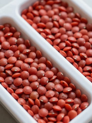 A clean, clinical overhead macro shot of raw, polished red lentils arranged in a technical grading tray under bright, natural daylight.
