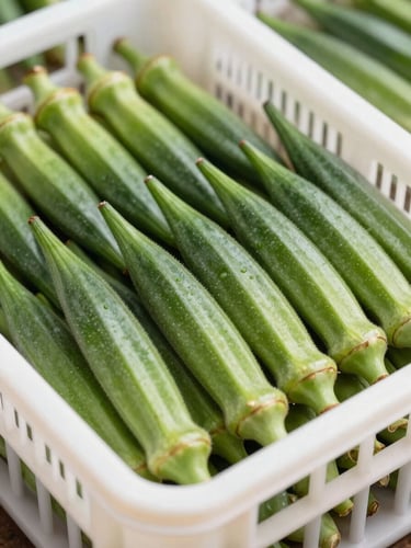 Macro shot of perfectly sorted vibrant green okra pods arranged neatly in a clean white wholesale crate, bright clinical lighting, natural overcast daylight
