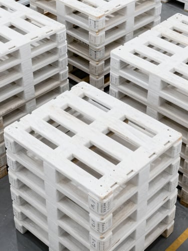 A high-angle, clean overhead shot of pristine white agricultural pallets stacked in a highly organized, temperature-controlled warehouse under bright clinical lighting.