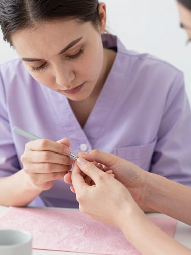 Close-up of a professional instructor guiding a student's hand during a manicure training session, warm natural light, soft violet tones, editorial feel