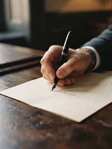 Macro close-up of hands signing high-quality heavy paper documents on a dark wooden desk, soft natural window light, shallow depth of field, sober editorial style