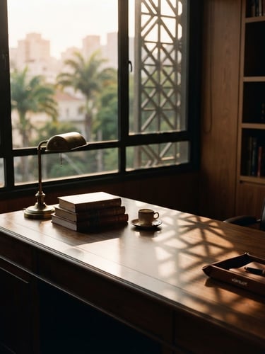 Architectural detail of a classic, quiet private office in São Paulo, soft warm window light casting elegant geometric shadows on a dark wood table, 35mm photography, shallow depth of field