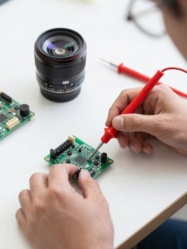 Crisp utility photography, bright natural workshop light, close-up of hands diagnosing a circuit board with testing tools, sharp focus, 35mm lens