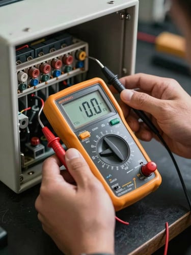 Technician's hands holding a digital multimeter with display showing live voltage reading, probes touching terminals inside an open appliance control panel, warm north-facing daylight, close-up framing on hands and meter screen, dark workshop background