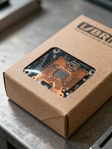 Close-up macro shot of a genuine OEM appliance part still sealed in its manufacturer's cardboard packaging, copper-toned circuit board visible through a clear window, resting on a steel workshop surface under warm daylight from the left