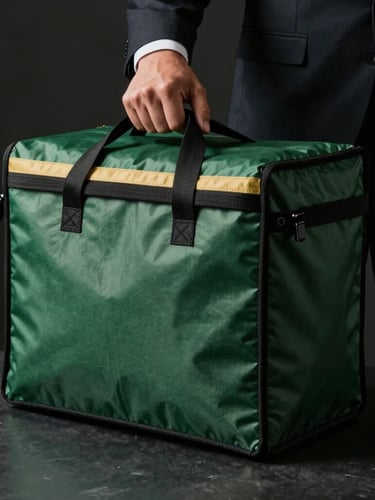 Close-up of a professional courier's hand in a dark suit, subtly placing a sleek, unbranded, dark forest green delivery bag onto a dark polished surface, low-key dramatic side-lighting, moody shadows.