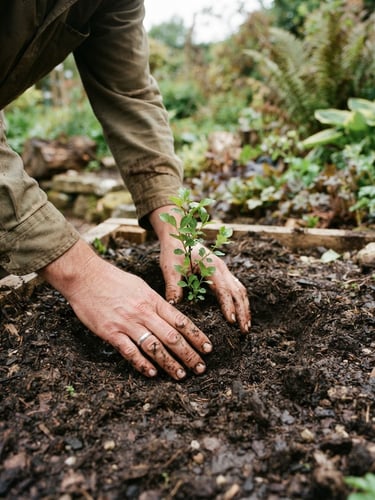 A close-up of hands planting a small green sapling into rich dark soil, soft overcast UK daylight, Stoke-on-Trent garden setting, authentic outdoor photography