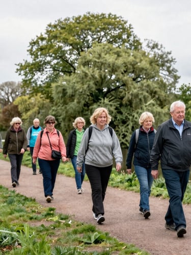 A group of local volunteers of various ages walking along a lush green canal path in Stoke-on-Trent, soft overcast light, natural documentary style, 35mm
