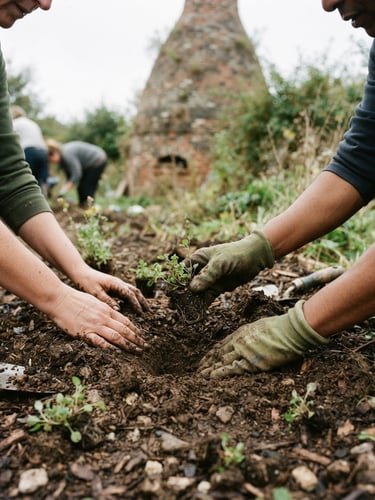 A close-up of community hands planting wildflower plugs in a soft soil bed, brickwork of an old pottery kiln visible in the soft-focus background, overcast daylight, earthy green tones, 35mm.