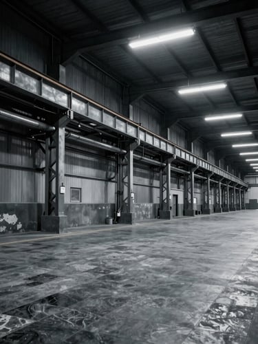 Dramatic high-contrast industrial warehouse interior, cool steel and slate tones, sharp focus, 35mm lens, empty factory line with overhead fluorescent lighting