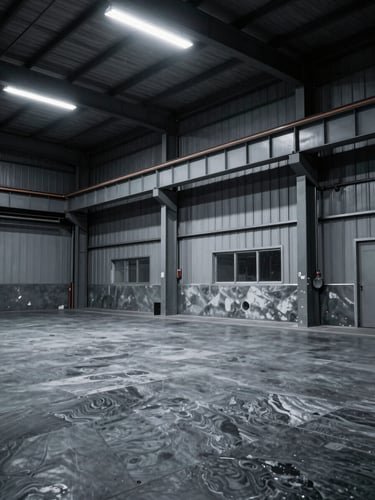 Dramatic high-contrast industrial warehouse interior, cool steel and slate tones, sharp focus, 35mm lens, empty clean factory floor with overhead fluorescent lighting