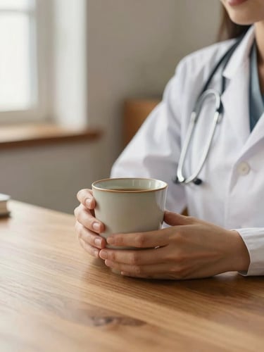 Hands of a female doctor holding a warm ceramic cup on a wooden desk, soft natural light, cozy and sophisticated clinical office environment
