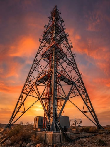 Low-angle heroic shot of a massive telecom tower against a dramatic Riyadh desert sunset, structural steel highlighted by sharp orange light.