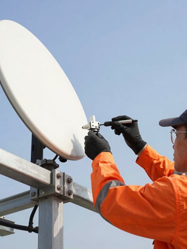 Close-up of a technician in high-visibility safety gear performing precision alignment on a GSM antenna, bright daylight, high-contrast steel.