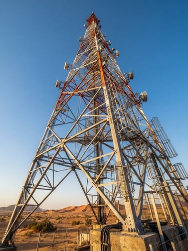 Low-angle heroic shot of a massive steel telecom tower stretching into a crisp Saudi desert sky, dramatic late-afternoon sun highlighting the metallic structure and safety orange accents, sharp industrial photography