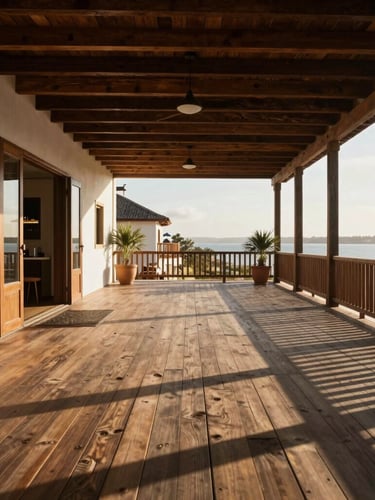 Wide environmental shot of an empty, sunlit boutique hotel veranda in Trancoso, warm morning light casting long shadows on rustic wooden floorboards, no people, editorial photography.