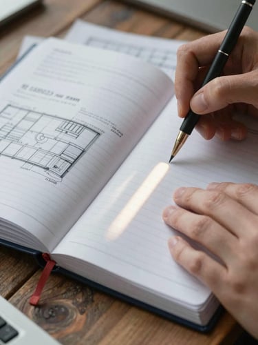 Extreme close-up of hands working on physical ledgers and architectural plans on a rustic wooden desk, soft morning light, editorial texture.