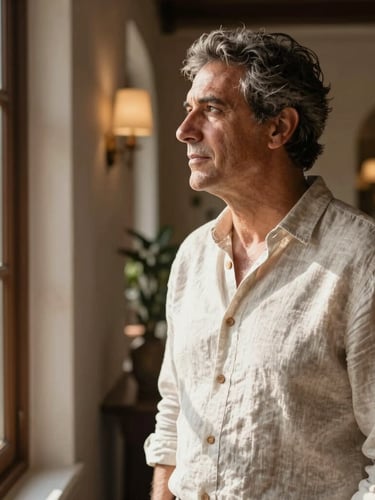 A candid, environmental portrait of Serafim Cruz, a mature man in a linen shirt, looking thoughtfully out a window of a rustic but elegant boutique hotel lobby, warm natural morning light, rich shadows.
