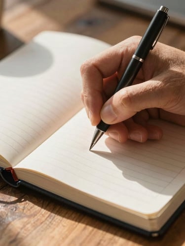 Extreme close-up of hands writing on a physical ledger book on a rustic wooden desk, soft morning sunlight casting long shadows, warm and professional.