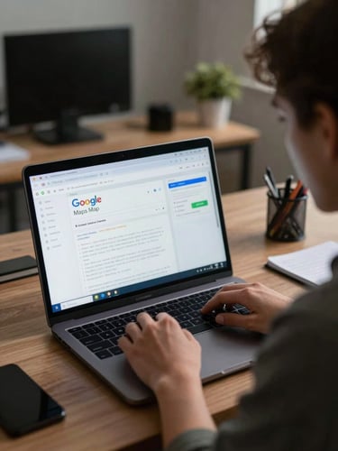Local business owner seated at a desk reviewing Google Maps analytics on a dark laptop screen, cool blue monitor light, cluttered-but-real office background, medium shot, high contrast