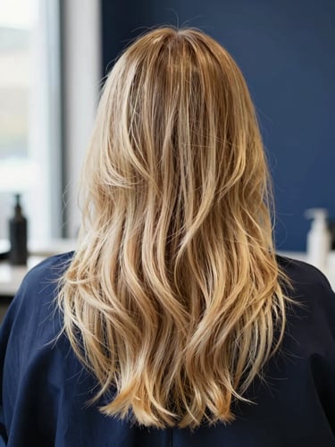 Close-up of a modern editorial hair transformation, vibrant gold highlights, soft studio lighting, navy blue backdrop, shallow depth of field, 35mm