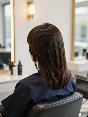 Stylist carefully detailing a modern haircut in a bright, high-end salon with gold accents, soft natural light, professional editorial style