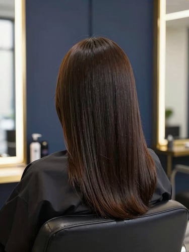 A stylish guest showcasing a crisp, modern hair transformation in a sleek salon interior with gold accents and deep navy tones, bright studio lighting, 35mm.