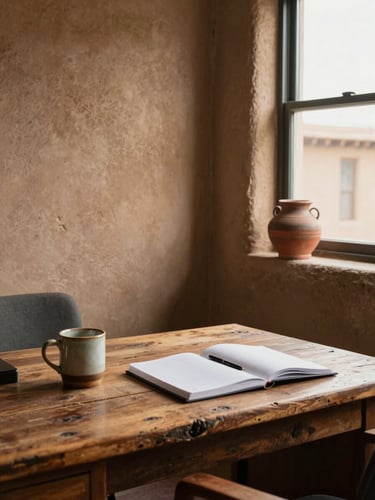 Wide environmental shot of a quiet Santa Fe office corner — a worn wooden desk holds a ceramic mug and open notebook, warm north-facing daylight falling softly across adobe-textured walls, a handmade clay pot resting on the windowsill, no person visible, atmosphere of calm unhurried work