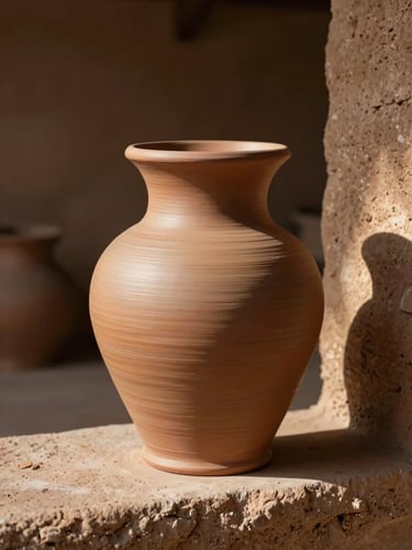 Close-up of a hand-thrown Santa Fe pottery vessel resting on a rough adobe windowsill, warm north-facing daylight raking across the clay texture, ochre and terracotta tones, shallow depth of field, quiet and unhurried