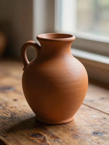 Close-up of a handmade Santa Fe pottery vessel resting on a worn wooden surface, warm ochre glaze catching soft north-facing daylight from a nearby window, shallow depth of field, earthy clay texture prominent
