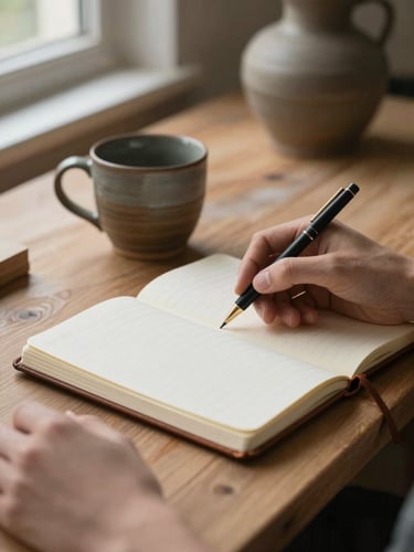Close-up of hands resting on an open leather notebook beside a handthrown clay mug on a wooden desk, warm natural light from a window to the left, a pottery vessel blurred in the background, quiet and deliberate