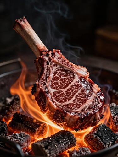 Dramatic low-key portrait of a thick marbled ribeye steak searing over open flames, glowing orange embers, dark charcoal background, shallow depth of field, 35mm