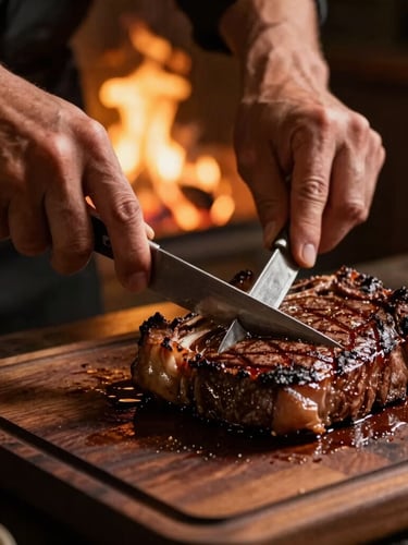 Dramatic close-up of a chef hands carving a perfectly seared ribeye steak on a dark wooden board, warm low-key firelight, embers glowing in the background, 35mm