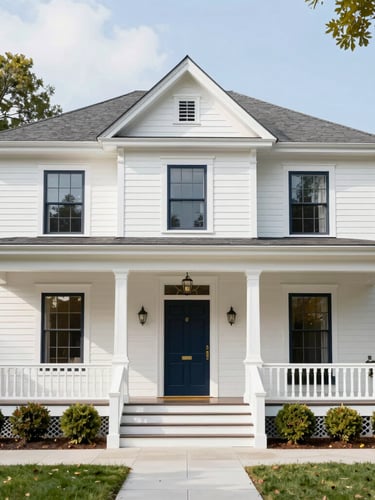Wide architectural shot of a newly renovated historic Quincy home, crisp white siding, flawless custom trim, bright natural daylight, 35mm lens