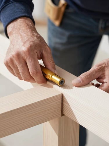 Tight detail shot of a master carpenter fitting a custom-milled white oak joint, bright natural daylight, crisp focus