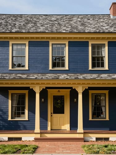 Wide architectural shot of a classic New England home facade with immaculate siding and custom trim, sunlit, premium architectural photography