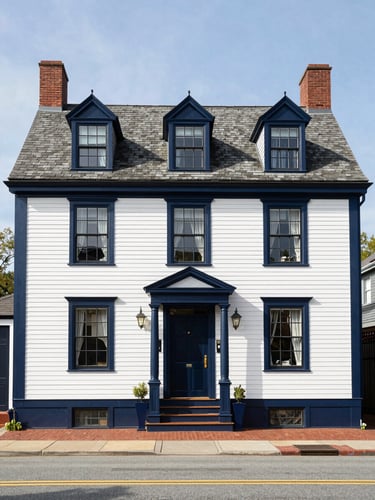 Wide architectural shot of a beautifully restored historic New England home facade in Quincy, bright natural daylight, crisp navy trim, 35mm lens.