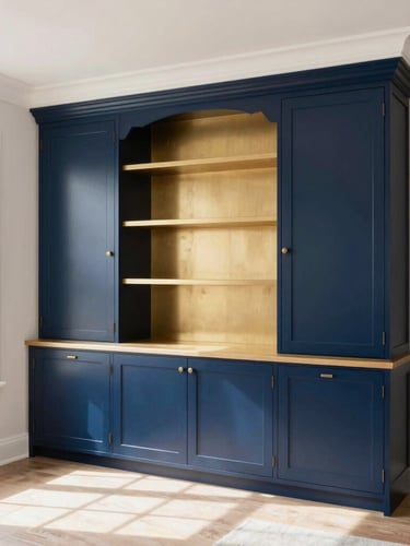 Premium architectural photography of a bright, sunlit residential living room featuring custom-milled built-in cabinetry, deep navy accents, and immaculate white trim, sharp focus, 35mm lens